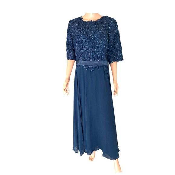 JJ's House A-line Boat Neck Illusion Maxi Lace Chiffon Dress Sequins Navy Blue - Picture 2 of 9